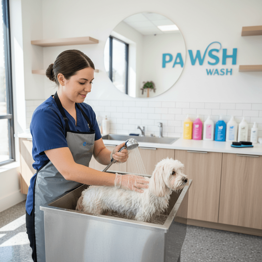 Small dog getting gentle bath from groomer in modern pet grooming salon