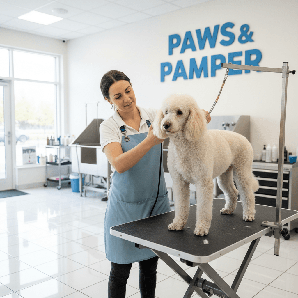 Professional dog groomer trimming poodle fur in clean bright salon with calm dog
