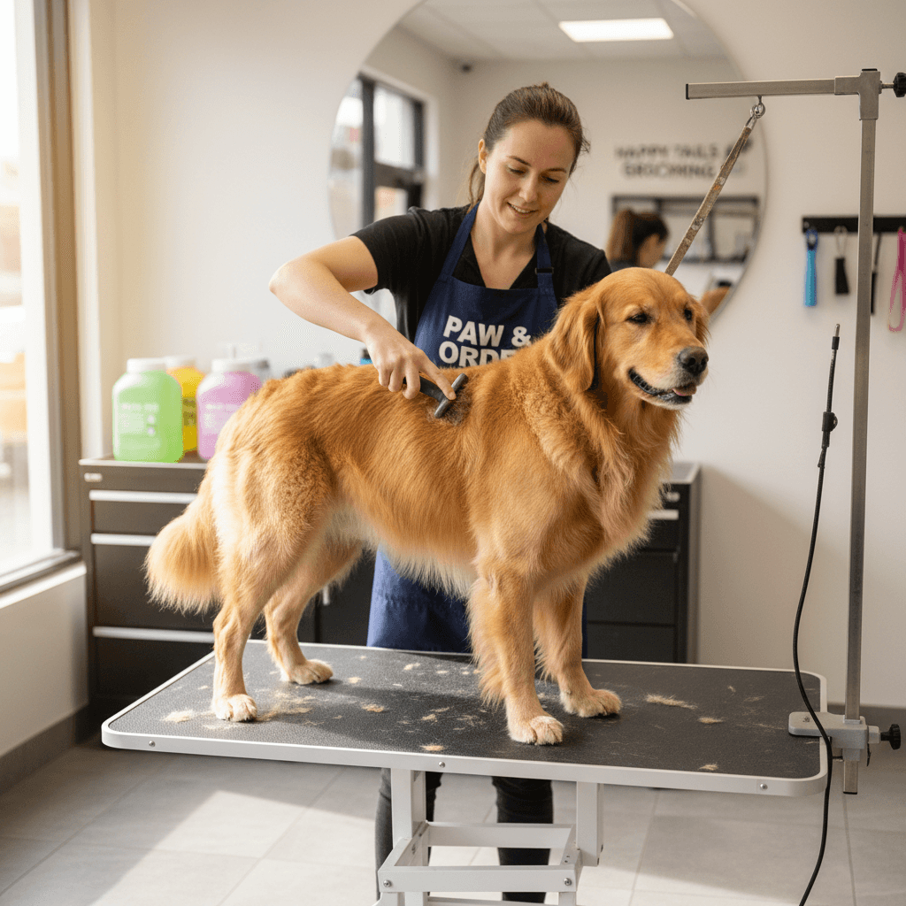 Golden retriever getting de-shedding brush treatment by groomer in salon