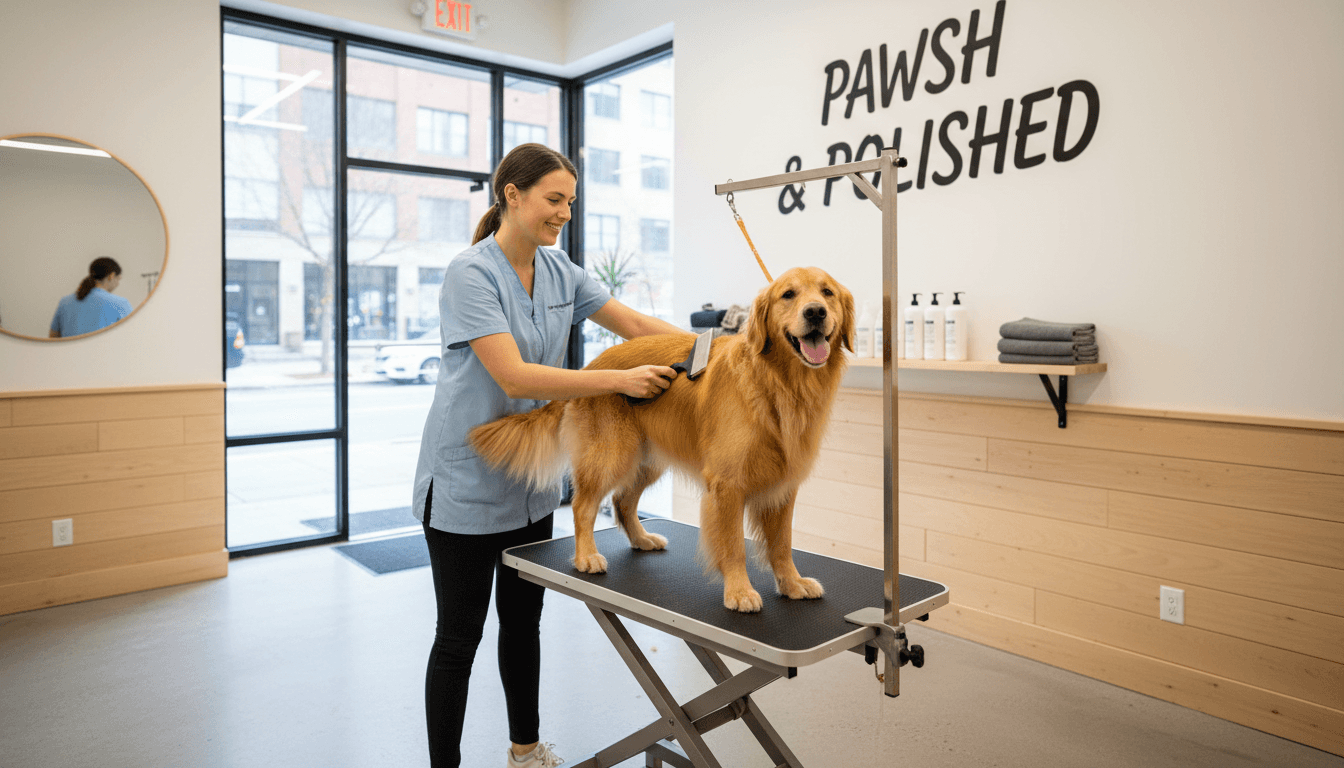 Professional dog groomer brushing a happy golden retriever at a clean modern salon