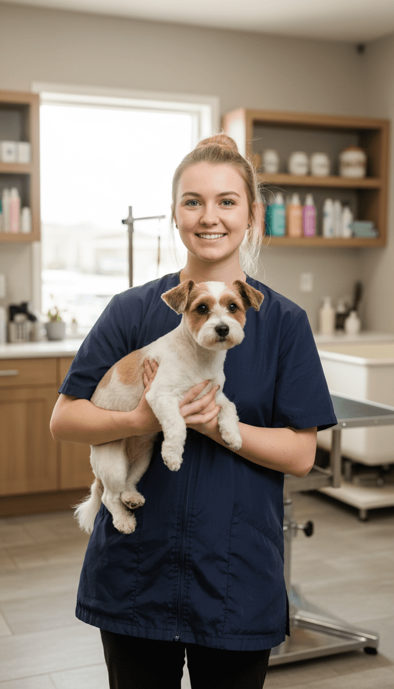 smiling male dog groomer holding a small dog in a bright pet grooming salon