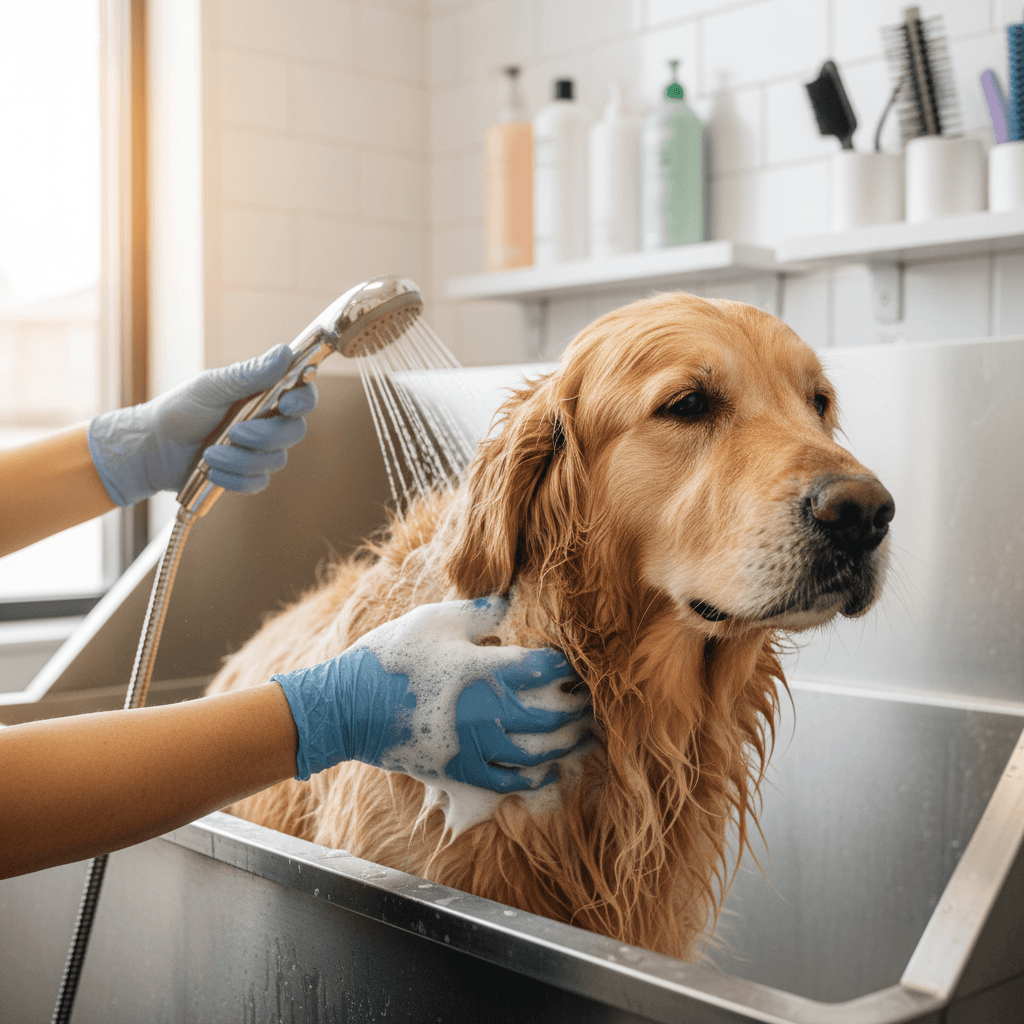 Golden retriever being bathed by groomer in a clean salon