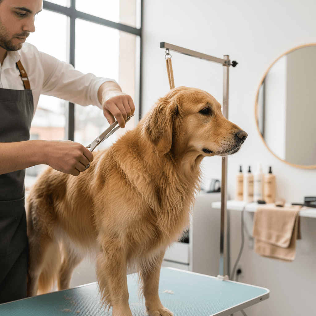 Professional groomer's hands carefully styling a freshly shampooed dog's fluffy coat with precision scissors on grooming table