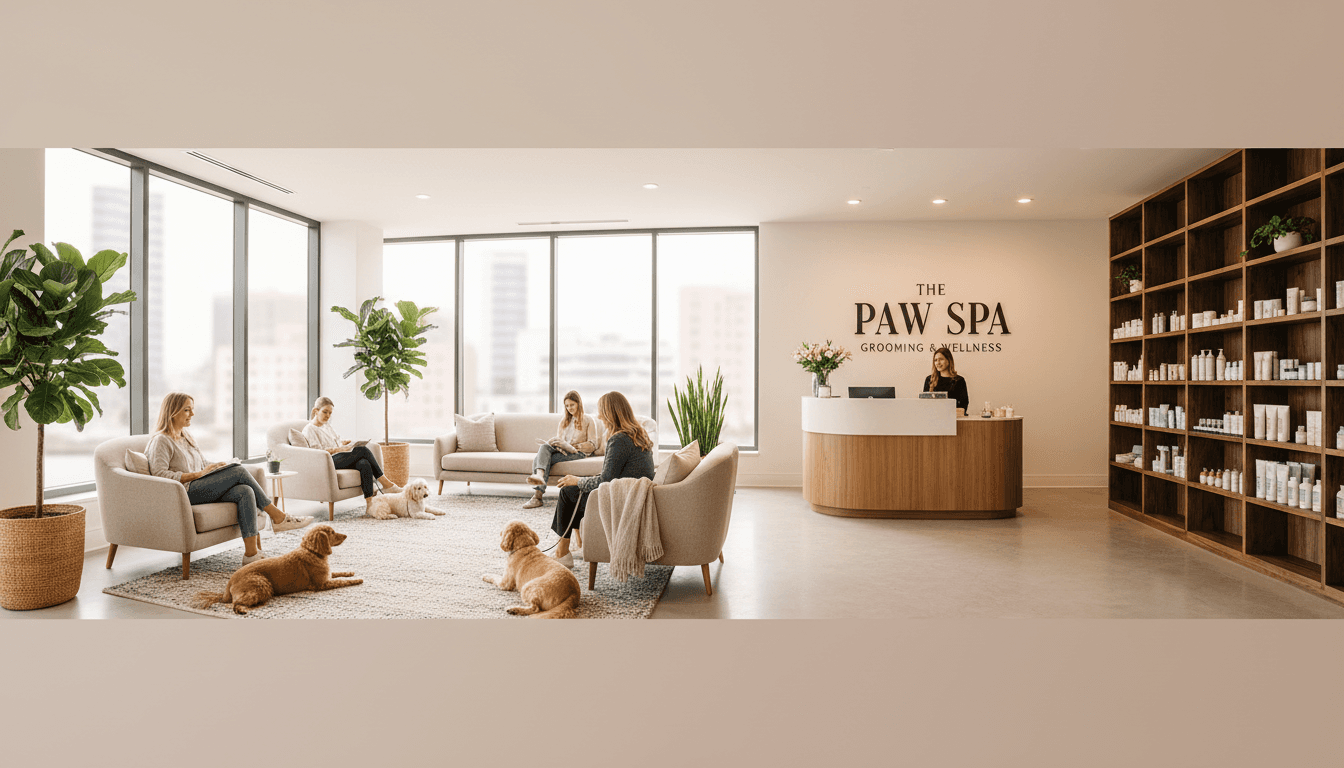 Warm dog grooming salon interior with grooming table and professional equipment