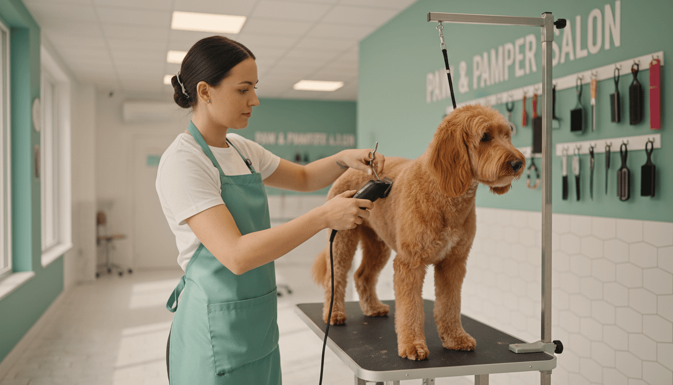Dog getting groomed at a professional pet salon